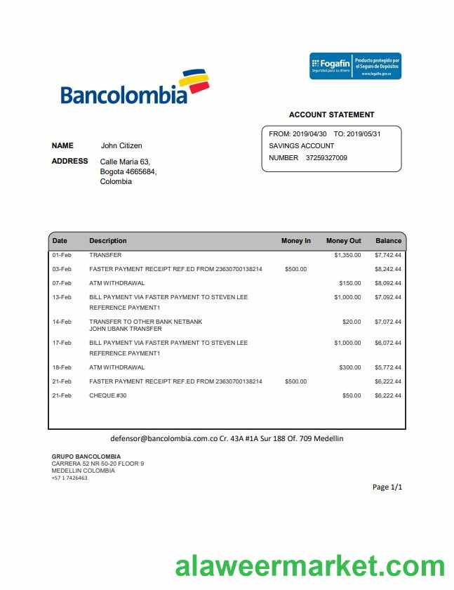 Colombia Bancolombia bank statement